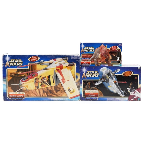 649 - Three Star Wars Attack of the Clones collectables comprising Republic Gunship with Deployable Troop ... 