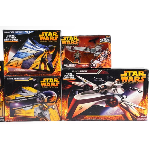 604 - Five as new Star Wars Revenge of the Sith collectables comprising Barc Speeder with Barc Trooper, An... 