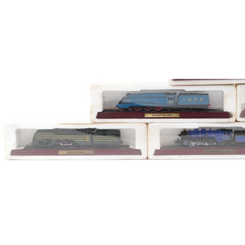 508 - A group of six diecast models of locomotives and tenders, each mounted on a wooden plinth base, each... 