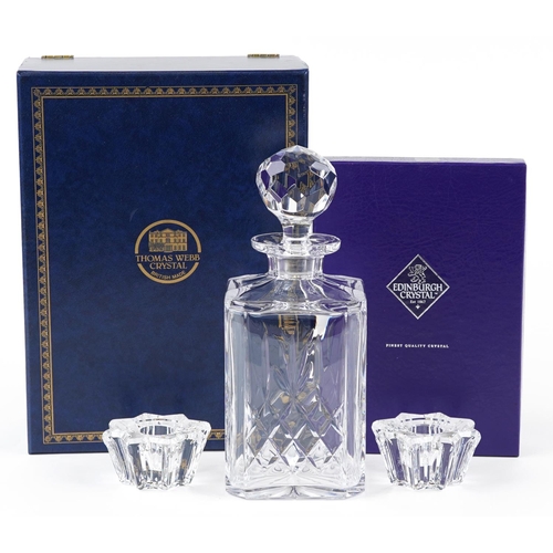 425 - A Thomas Webb crystal decanter and stopper, cased,  together with a pair of Edinburgh crystal candle... 