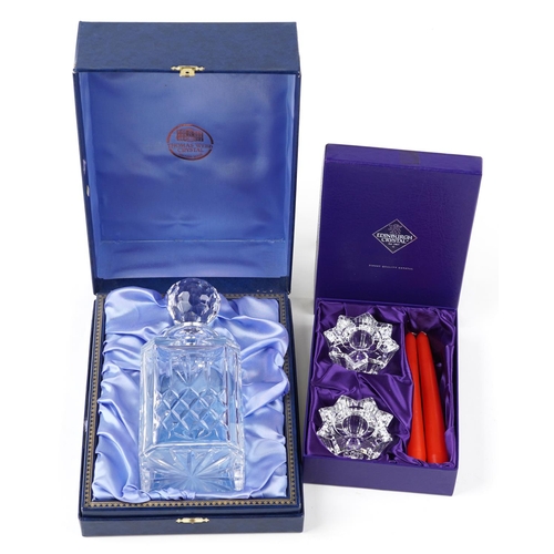 425 - A Thomas Webb crystal decanter and stopper, cased,  together with a pair of Edinburgh crystal candle... 