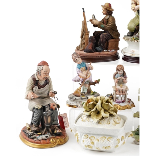 1304 - Ten Capodimonte figure groups to include Tramp on a Bench and The Cobbler, the largest 30cm high.