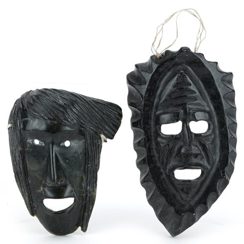 220 - Two Canadian Inuit carved stone masks, one by Kudlu Kellypalik, Arviat Community circa 2002, the oth... 