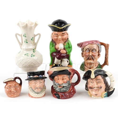 399 - Five character jugs including Royal Doulton, a Burlington ware Toby jug and a Belleek Irish porcelai... 