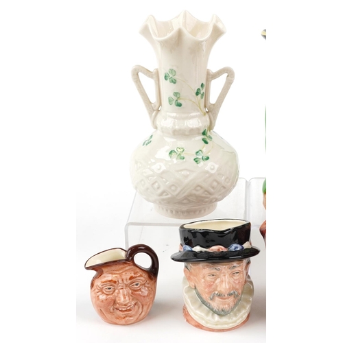 399 - Five character jugs including Royal Doulton, a Burlington ware Toby jug and a Belleek Irish porcelai... 