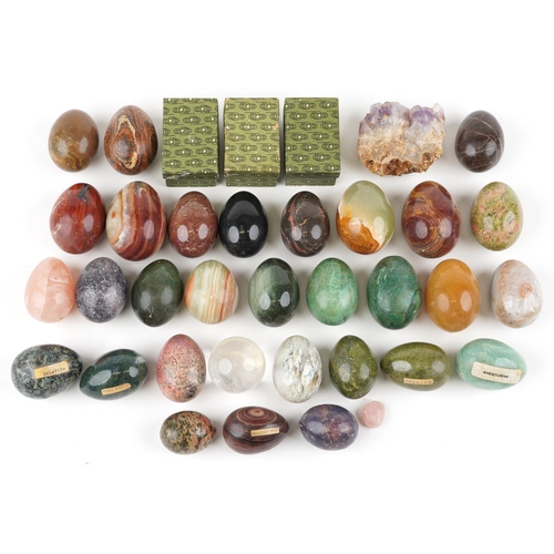 1332 - A collection of semi precious stone eggs and specimens including agate, rose quartz, serpentine marb... 