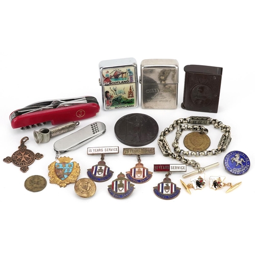 1194 - Antique and later objects including a Vulcanite vesta, enamelled National Saving badges, silver moun... 