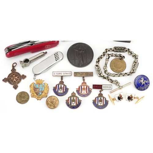 1194 - Antique and later objects including a Vulcanite vesta, enamelled National Saving badges, silver moun... 