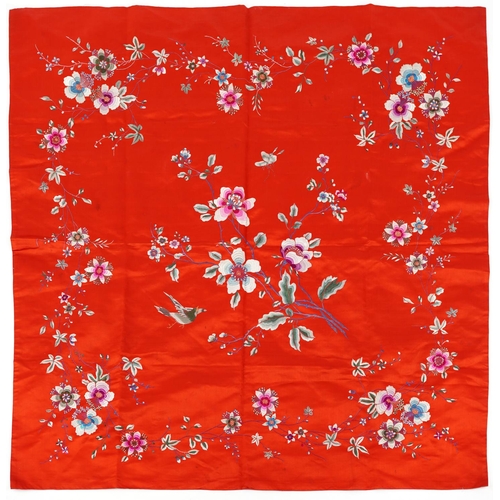 329 - A Chinese silk embroidered shawl, mid 20th century, decorated with birds and flowers, 90cm x 90cm.