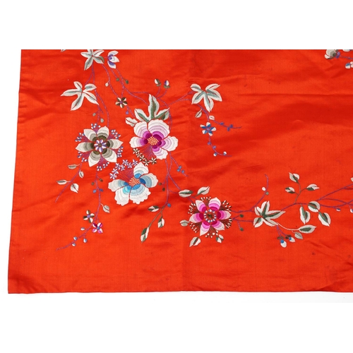 329 - A Chinese silk embroidered shawl, mid 20th century, decorated with birds and flowers, 90cm x 90cm.