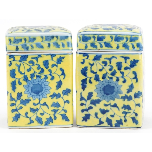 322 - A pair of Chinese famille jaune porcelain jars and covers, 20th century, of square section form, eac... 