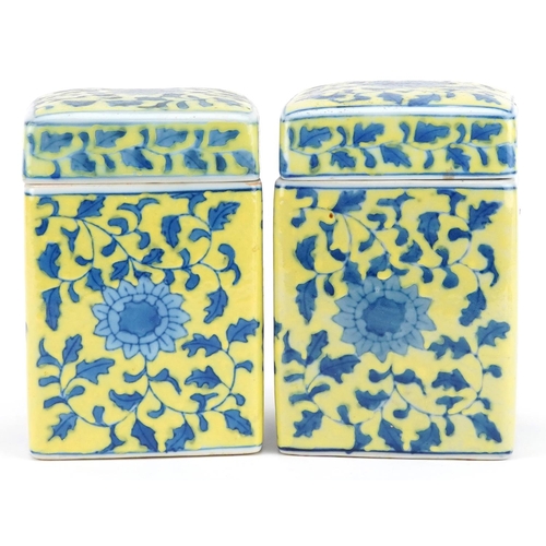 322 - A pair of Chinese famille jaune porcelain jars and covers, 20th century, of square section form, eac... 