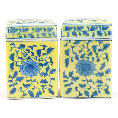 322 - A pair of Chinese famille jaune porcelain jars and covers, 20th century, of square section form, eac... 