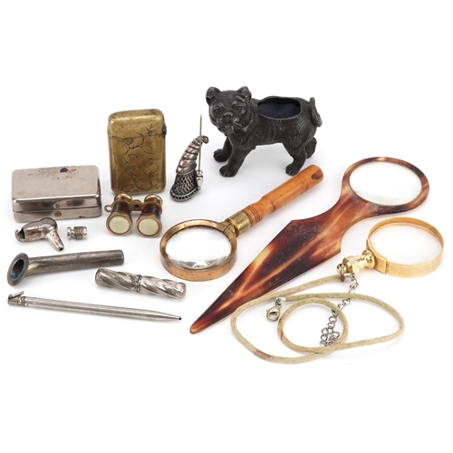 1181 - A small group of collector's items including a tortoiseshell magnifying glass, a brass vesta case, p... 