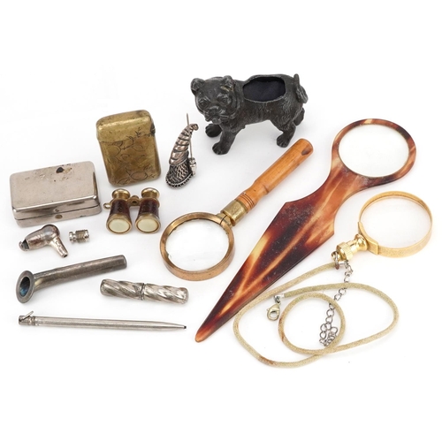 1181 - A small group of collector's items including a tortoiseshell magnifying glass, a brass vesta case, p... 