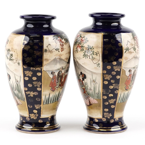 1333 - A pair of Japanese Satsuma earthenware vases, 20th century, each decorated with two panels of Geisha... 