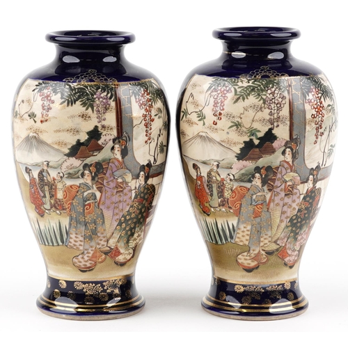 1333 - A pair of Japanese Satsuma earthenware vases, 20th century, each decorated with two panels of Geisha... 