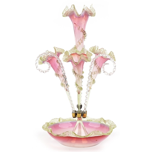 65 - A late 19th/early 20th century Venetian green and pink Vaseline glass Epergne, 50cm high.