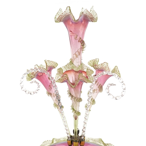 65 - A late 19th/early 20th century Venetian green and pink Vaseline glass Epergne, 50cm high.