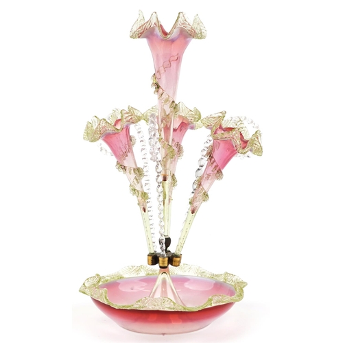 65 - A late 19th/early 20th century Venetian green and pink Vaseline glass Epergne, 50cm high.