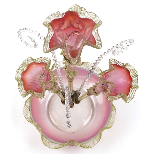 65 - A late 19th/early 20th century Venetian green and pink Vaseline glass Epergne, 50cm high.