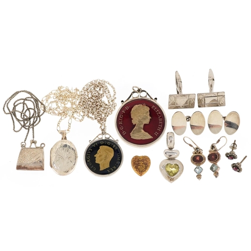 2536 - A collection of silver jewellery including enamelled coin pendants, cufflinks and multi gem earrings... 