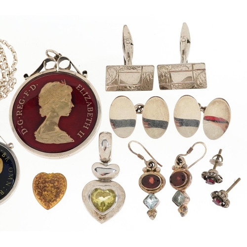 2536 - A collection of silver jewellery including enamelled coin pendants, cufflinks and multi gem earrings... 