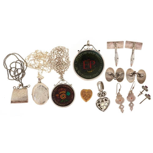 2536 - A collection of silver jewellery including enamelled coin pendants, cufflinks and multi gem earrings... 