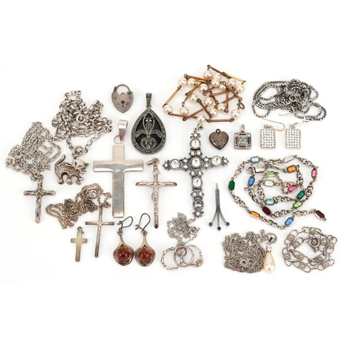 2521 - Antique and later silver and white metal jewellery including cross pendants, amber earrings and a si... 