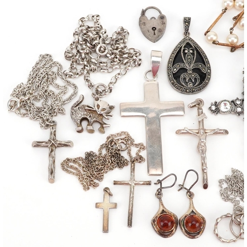 2521 - Antique and later silver and white metal jewellery including cross pendants, amber earrings and a si... 