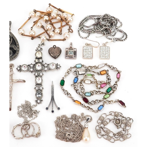 2521 - Antique and later silver and white metal jewellery including cross pendants, amber earrings and a si... 