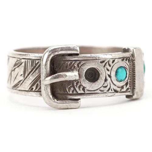 2495 - A Victorian silver buckle design ring set with turquoise cabochons, Birmingham 1891, size L, 3.9g.