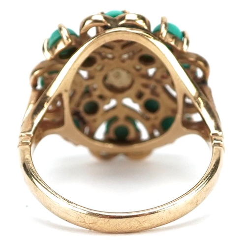 2160 - An Art Nouveau style 9ct gold turquoise and cultured pearl dress ring, size N, 4.3g.