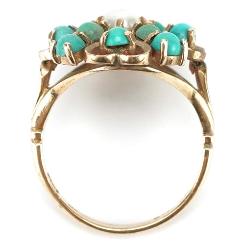 2160 - An Art Nouveau style 9ct gold turquoise and cultured pearl dress ring, size N, 4.3g.