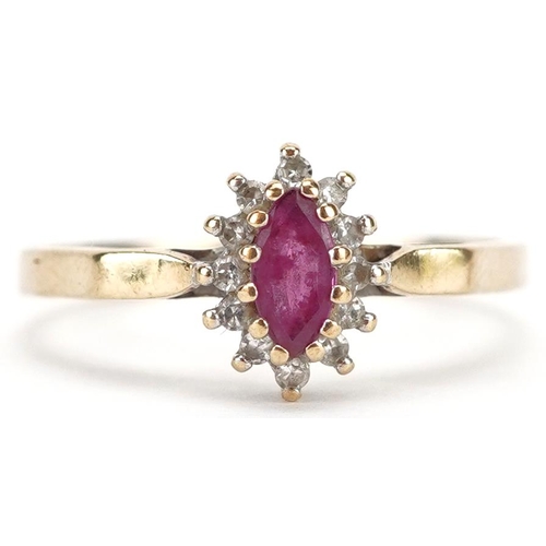 2054 - A 9ct gold pink spinel and diamond cluster ring, size P, 2.0g.