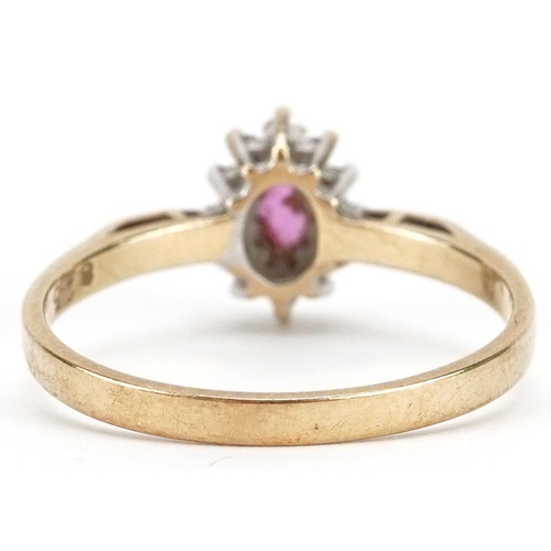 2054 - A 9ct gold pink spinel and diamond cluster ring, size P, 2.0g.