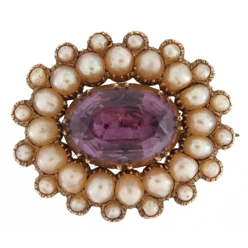 2056 - An antique unmarked gold amethyst and seed pearl cluster brooch, 1.9cm wide, 3.4g.