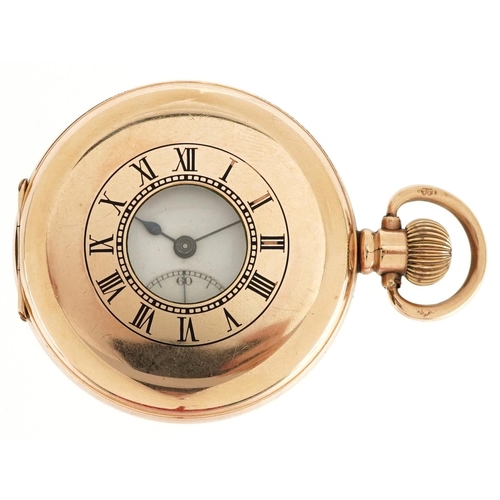 2018 - A gentlemen's gold plated half hunter top wind pocket watch having enamelled and subsidiary dials wi... 