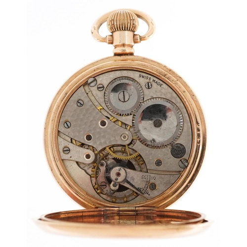 2018 - A gentlemen's gold plated half hunter top wind pocket watch having enamelled and subsidiary dials wi... 