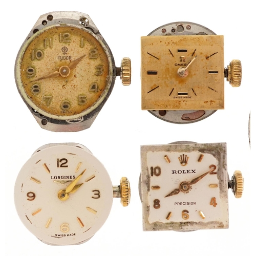 2538 - Five wristwatch movements comprising Rolex, Tudor, Omega and Longines, the largest 29mm in diameter.