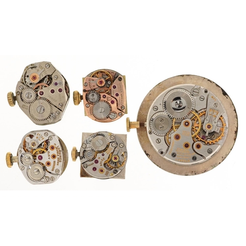 2538 - Five wristwatch movements comprising Rolex, Tudor, Omega and Longines, the largest 29mm in diameter.