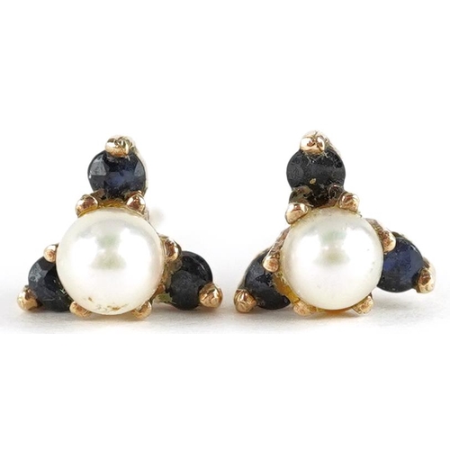 2379 - A pair of 9ct gold cultured pearl and blue spinel stud earrings, 6.4mm high, total 1.1g.