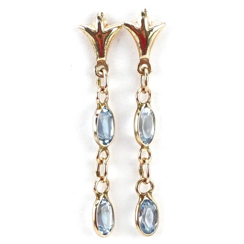 2280 - A pair of unmarked gold aquamarine drop earrings, 4cm high, total weight 0.9g.