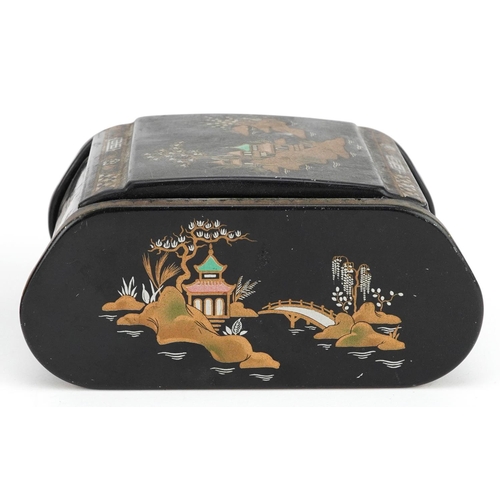 1281 - An early 20th century chinoiserie decorated black lacquered box, 9cm wide, together with a plated tr... 