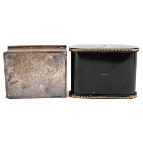 1281 - An early 20th century chinoiserie decorated black lacquered box, 9cm wide, together with a plated tr... 