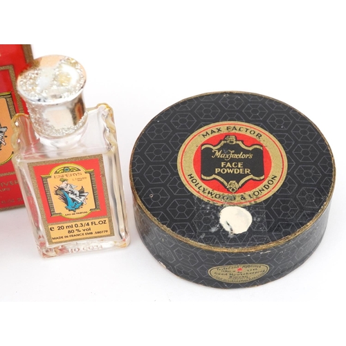 1281A - Three vintage Eau de Parfum bottles, together with a Max Factor face powder within a circular box, u... 