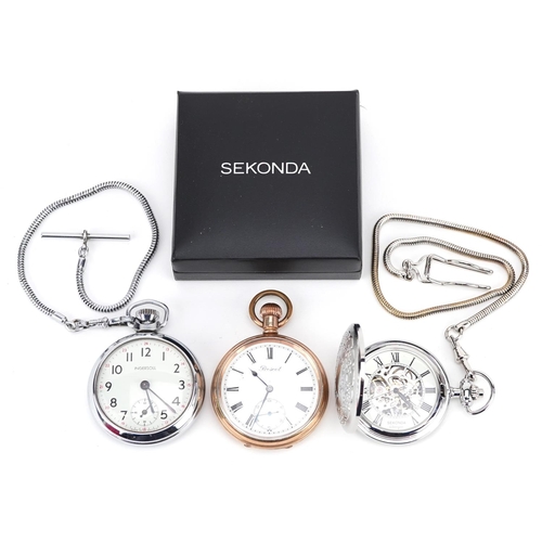 2578 - Two gentlemen's pocket watches and a stopwatch comprising Sekonda, Prescott and Ingersoll