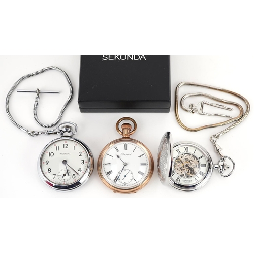 2578 - Two gentlemen's pocket watches and a stopwatch comprising Sekonda, Prescott and Ingersoll