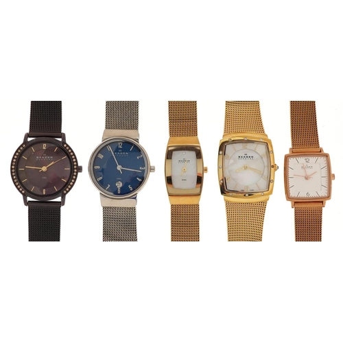 2572 - Five Skagen ladies wristwatches, some with mother of pearl dials.