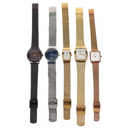 2572 - Five Skagen ladies wristwatches, some with mother of pearl dials.